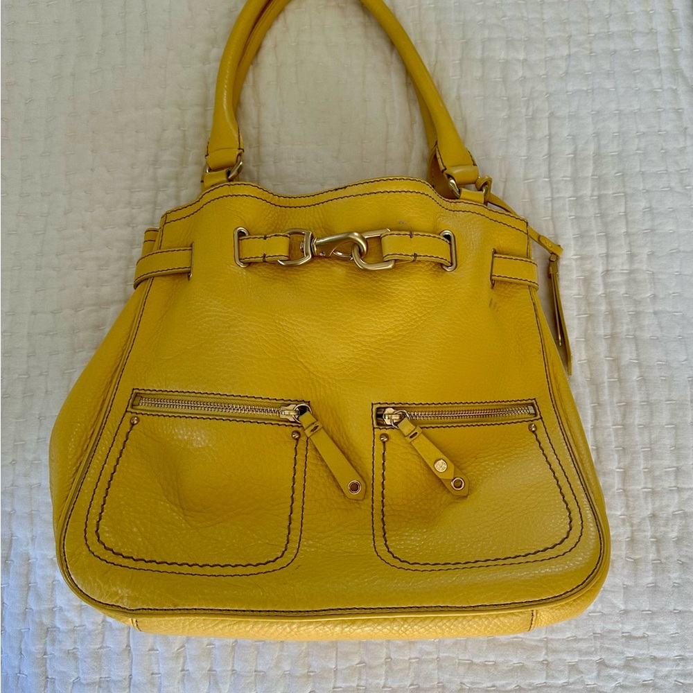 Cole Haan handbag purse yellow w gold detailing soft pebbled leather